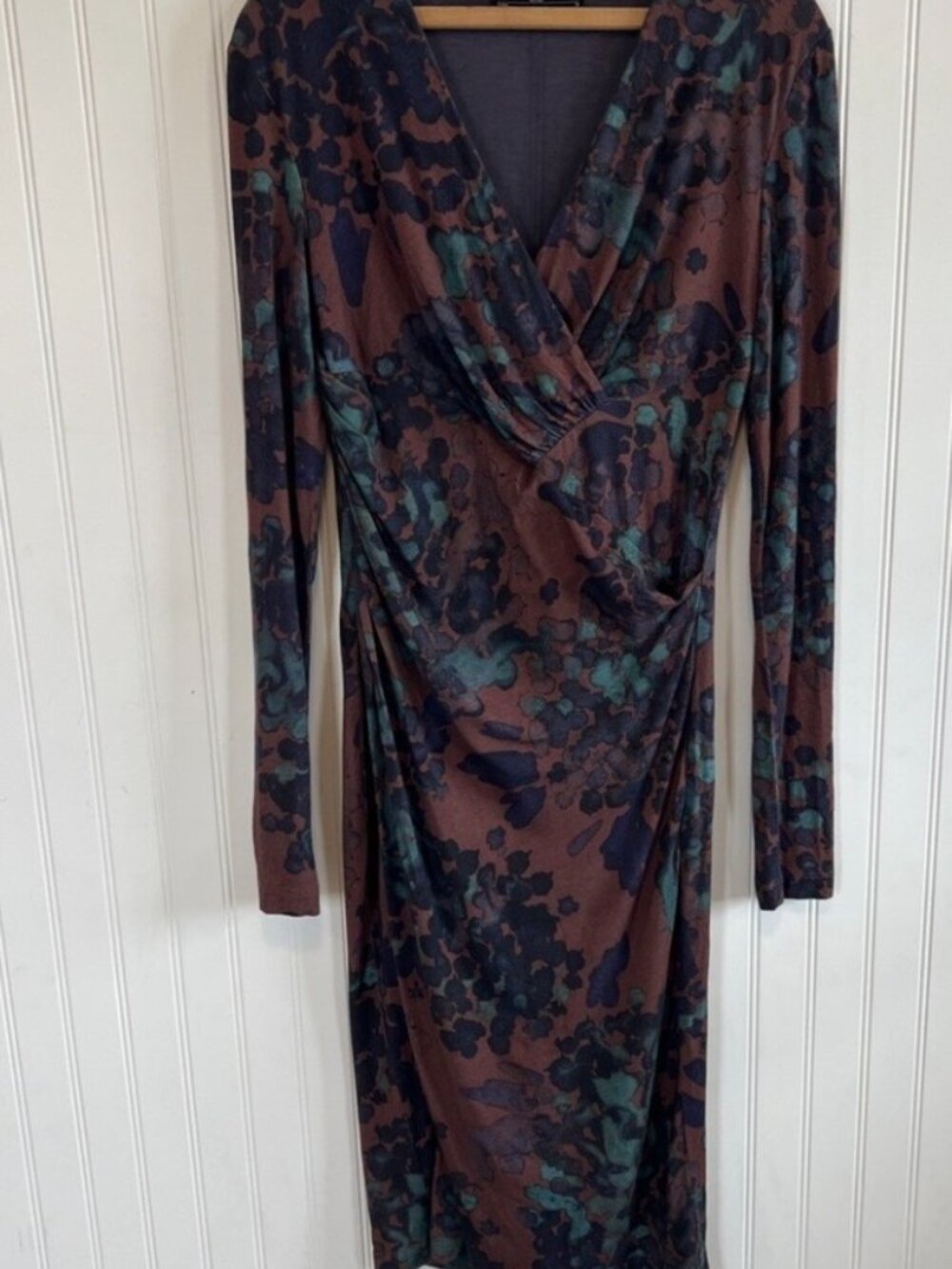 PERUVIAN CONNECTION Dress Faux Wrap Long Sleeve Midi Multicolor V Neck Size M